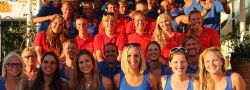 Group picture of Dive2gether crew in blue shirts and Live2dive students in red shirts